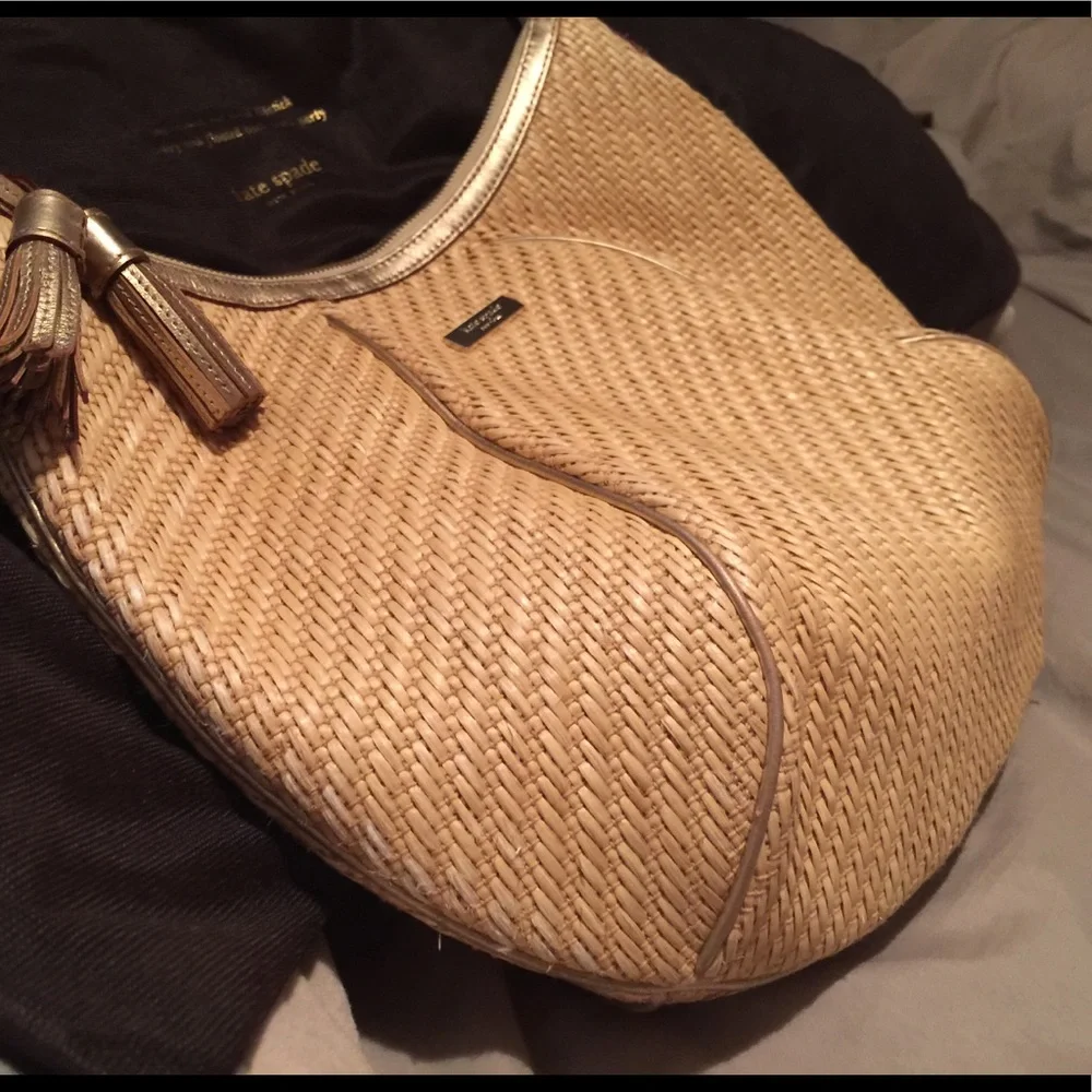 Kate Spade Natural Straw Woven Bag with Brown Leather Trim and Gold Accents
